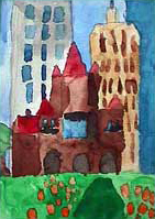 Child's painting of a city landscape