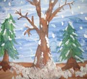 Painting of trees in winter forest