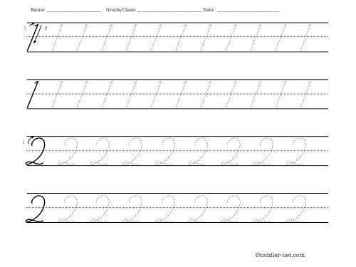 Tracing cursive numbers 1 and 2 worksheet
