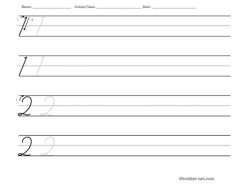 Cursive numbers 1 and 2 worksheet for writing