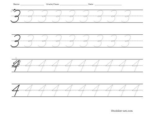 Tracing cursive numbers 3 and 4 worksheet