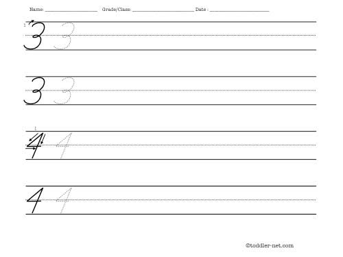 Cursive numbers 3 and 4 worksheet for writing