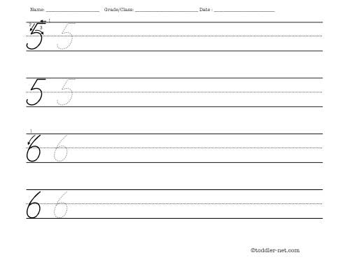 Cursive numbers 5 and 6 worksheet for writing