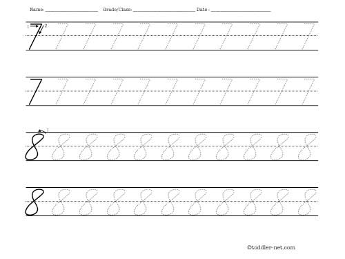 Tracing cursive numbers 7 and 8 worksheet