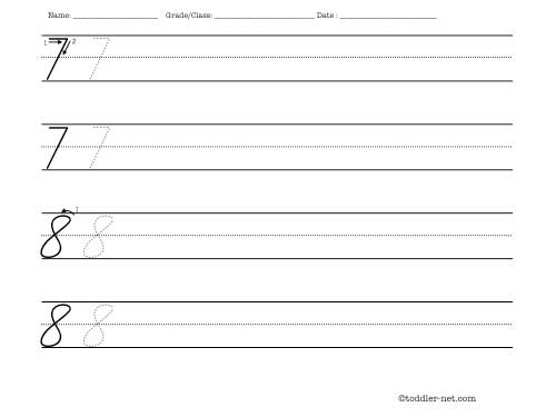 Cursive numbers 7 and 8 worksheet for writing