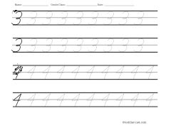cursive numbers 3 and 4 tracing worksheet for writing