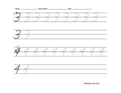 cursive numbers 3 and 4 worksheet