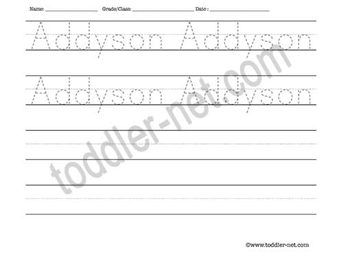 image of Addyson Tracing and Writing Worksheet