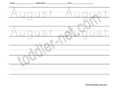 image of August Tracing and Writing Worksheet