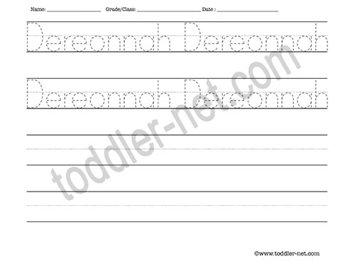 image of Dereonnah Tracing and Writing Worksheet
