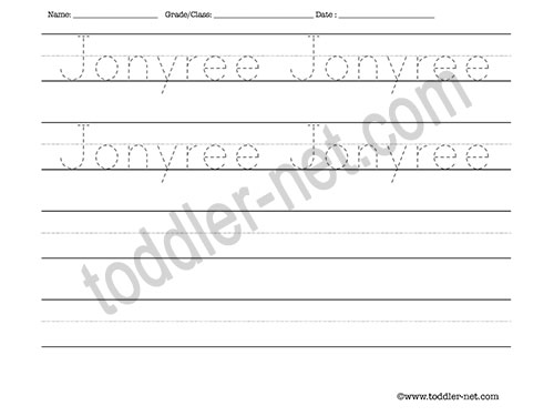 image of Jonyree Tracing and Writing Worksheet