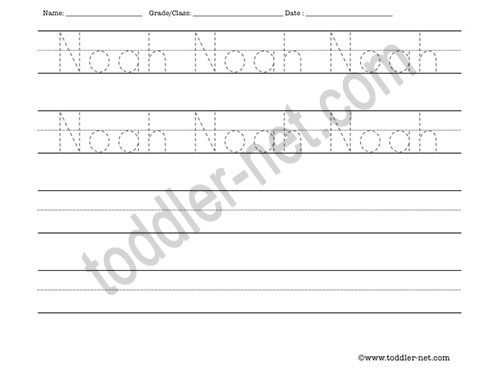 image of Noah Tracing and Writing Worksheet