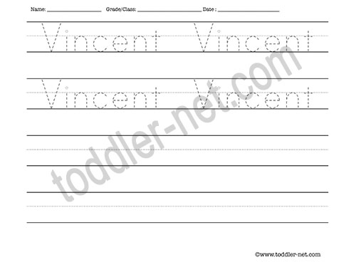 image of Vincent Tracing and Writing Worksheet