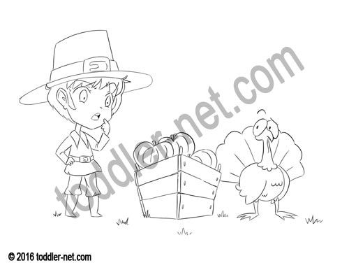 Image of the Boy, turkey, and pumpkins coloring page
