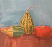 painting of pumpkins, fruits, and veggies