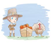 Thanksgiving coloring page - Boy, turkey, and pumpkins