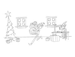Christmas coloring page - Santa's Elves and gifts