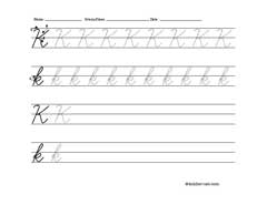 Worksheet for tracing and writing cursive letter K