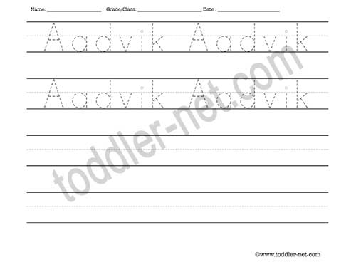 image of Aadvik Tracing and Writing Worksheet