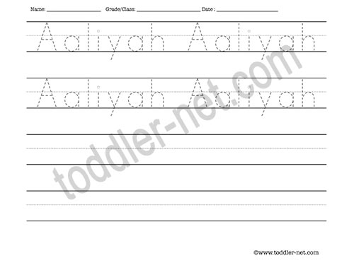 image of Aaliyah Tracing and Writing Worksheet
