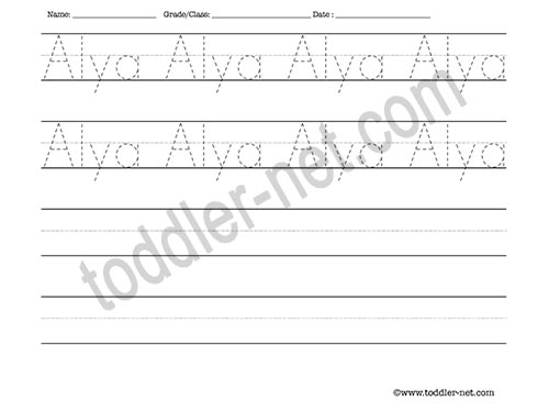 image of Alya Tracing and Writing Worksheet