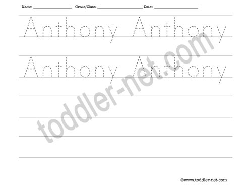 image of Anthony Tracing and Writing Worksheet