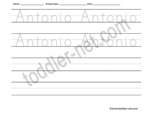 image of Antonio Tracing and Writing Worksheet