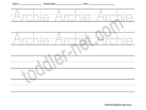 image of Archie Tracing and Writing Worksheet