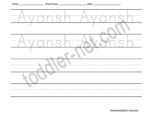image of Ayansh Tracing and Writing Worksheet