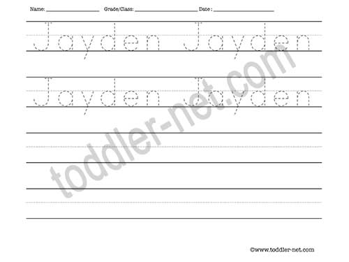 image of Jayden Tracing and Writing Worksheet