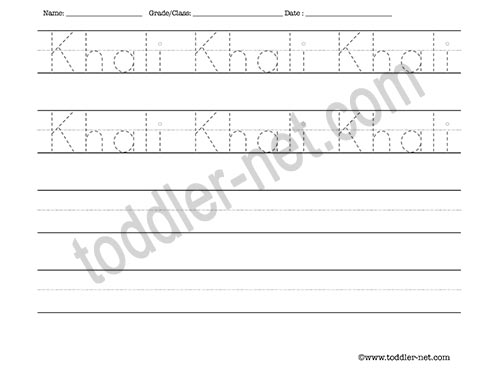 image of Khali Tracing and Writing Worksheet