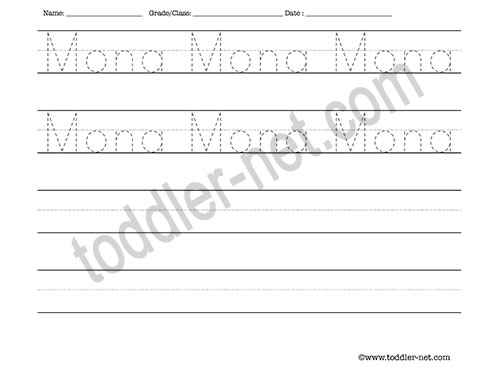 image of Mona Tracing and Writing Worksheet