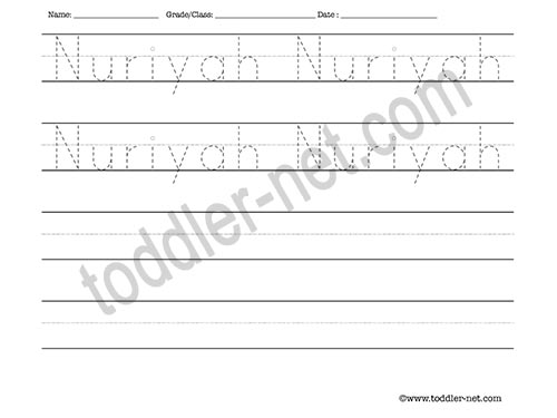 image of Nuriyah Tracing and Writing Worksheet