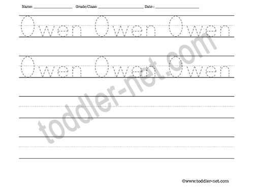 image of Owen Tracing and Writing Worksheet