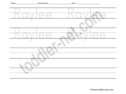 image of Raylee Tracing and Writing Worksheet