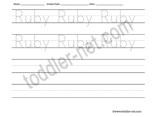 image of Ruby Tracing and Writing Worksheet