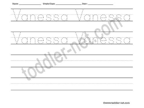 image of Vanessa Tracing and Writing Worksheet