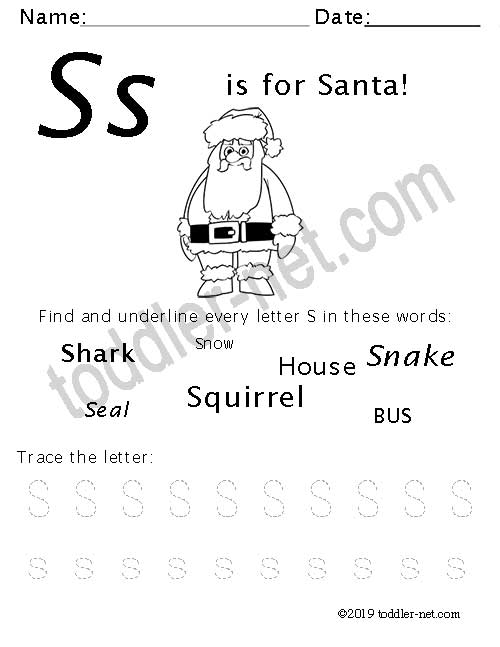 image of the Letter S Christmas Worksheet for Preschoolers 